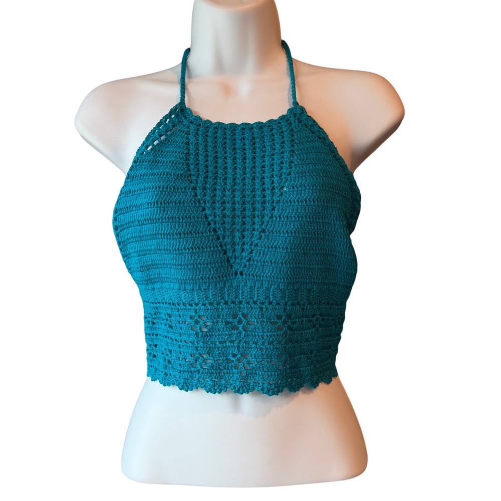 Handmade Crochet Halter Crop Top Teal Blue Green Tie Back Estimated Size Small